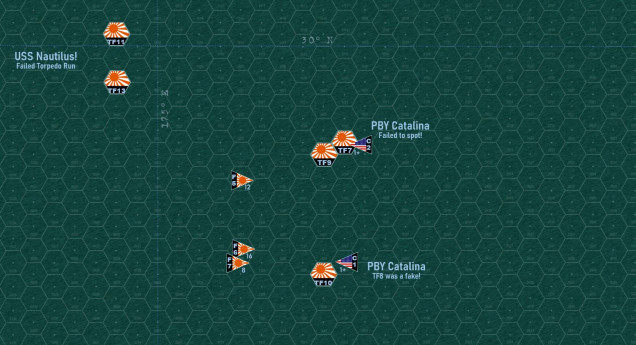 Dawn rises on 4 June 1942.  A prowling US submarine, USS Nautilus, has by chance come across Yamamoto’s main body as it enters the west edge of the map, yes this is the same USS Nautilus that tried to torpedo the Japanese battleships Kirishima on the historical June 4 – I even rolled USS Nautilus randomly out of the twelve American submarines in the area!  This game gives a submarine two choices, “Surface to Report” or “Dive to Attack.”  Because this task force is still 800 miles due west and won’t come in contact before dusk (when I lose contact anyway), Nautilus goes to attack, but is fended off by the eight destroyers of First Fleet Main Body.  Meanwhile, one of my Catalinas (now airborne for at least six hours) verifies that “TF8” was a dummy counter, while my other Catalina misses what will turn out to be Kondo’s Second Fleet!  