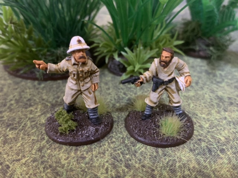 Two naval officers in the khaki tropical uniform. They’d be officers from the SMS Koningsberg after she’d been scuttled and the crew had joined the Schutztruppe. Both sport the tropical helmet but in white. As the war progressed they would probably be dyed khaki. Both figures by Brigade Games. 