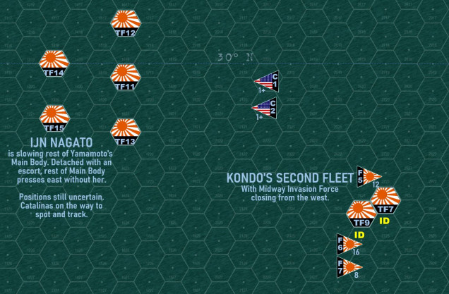 1200-1400 Hours, 4 June: Beginning of Turn 4.  Limping and listing with torpedoes in her side, the battleship Nagato falls out of formation from Yamamoto’s main body, escorted by two destroyers.  I don’t really know where, so new task force and dummy counters are placed.  Kondo’s second fleet plows resolutely eastward, now close enough to start launching scout planes from battleships and cruisers, as well as launching improvised CAP with their light carrier Zuiho and seaplane tenders Chitose and Kamikawa Maru.     