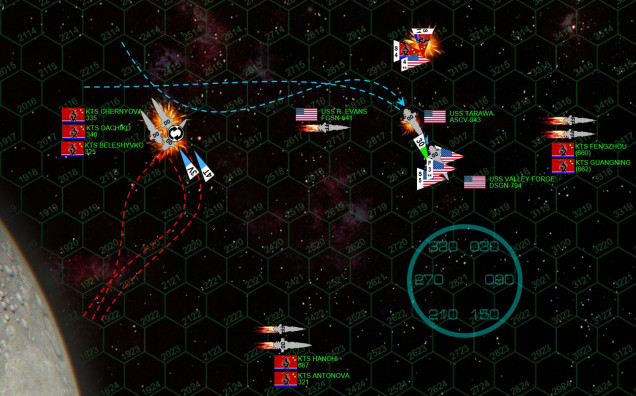 With only the Valley Forge and the empty light carrier Tarawa facing them, the Black Dragons smell blood in the water and charge with their three remaining destroyers up toward the Americans.   Cruz sees the move, however, and immediately accelerates, ordering a sharp S-turn to port and sidestepping the Black Dragons’ charge.  As they were powering away from the moon, however, the Black Dragons released a truly withering hail of torpedoes, all aimed squarely at the Valley Forge's stern.  Captain Garrison Heathe makes the brave decision to ignore them, trusting in his upgraded shielding, ECM, and fighter protection, instead shooting all his mass drivers at the Black Dragon scouts that just tried to engage the Marine bombers trying to get back to the Tarawa. The gamble pays off ... no P-500s get through the Valley Forge's defenses.  Eleven Black Dragon scouts are shot down, and no Marine bombers are lost. American fortune had been fading with the loss of Oriskany, Daggerfish, and Evans, but now seems to return with a vengeance.  Some of their last torpedoes are sent in a spread toward the destroyer Chernyova, and even as all of Valley Forge's torpedoes are shot down, all of Tarawa's get through.  Two of her warheads ping off Chernyova’s shields, but two get through and hit both port and starboard engines, leaving the ship crippled and adrift.  Simultaneously, Valley Forge opens up her broadside on the unshielded port bow of the inverted destroyer Beleshyvko, hitting the bridge multiple times, all but tearing the conning tower clean off the superstructure. Black Dragon gunfire, however, remains vicious, skilled, and determined.  Although Valley Forge was able to avoid almost all enemy broadsides, Tarawa was not ... and even as destroyers Chernyova and Beleshyvko were being shot and torpedoes to bits, their 7gw rail guns and 40kg plasma projectors were hammer away at the Tarawa.  Aft hangar bays are gone, along with two maneuvering thrusters, sensors, two mass driver mounts, and port quarter shields.  Limping and ablaze, the Tarawa remains operational ... although records also show a rather “brisk” discussion on the bridge about whether Tarawa should raise steam to disengage at flank speed. 