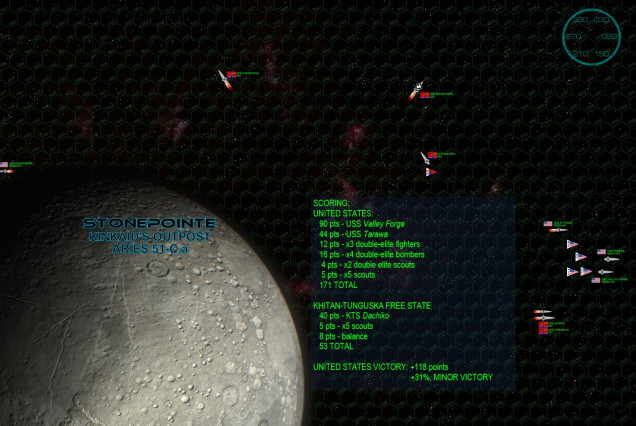 At last, the battle is over.  All remaining ships are now completely out of torpedoes.  The last Black Dragon destroyer Dachiko faces an undamaged Valley Forge, Marine fighters and bombers (against which is has virtually no aerospace cover), and thousands of comrades adrift in crippled and burning warships.  Those bombers could also go for the unprotected troop ships and freighters, along with the USS Valley Forge herself, who is actually faster than the Dachiko and could easily maneuver around her if she doesn’t break off now.  The reinforcement convoy is thus recalled, save two freighters who jettison their cargo to make room for rescue and recovery efforts. The Americans also have their hands full.  The Oriskany’s damage control parties soon have the fires out and the ship technically under her own power, although she can do little more than limp slowly back to the orbital shipyards of Kinkaid’s Outpost, covered by the similarly-limping Tarawa and her handful of surviving fighters.  The Valley Forge soon has the Ronald Evans in tow, while one of her cutters lands on Stonepointe to rescue fighter pilots who managed to eject and soft-land on the moon’s airless surface.   The problem is the Daggerfish.  Although her initial drift trajectory barely cleared her of Stonepointe, the gravity slingshot hurled the derelict corvette deep into interplanetary space, and it takes no less than three days for cutters from the Oriskany, Valley Forge, Tarawa, and Evans to find her.  Even after the cutters dock with her and couple their reactors to Daggerfish’s engines, it is found those couplings are damaged, so the cutters have to initially tow the 12,200-ton corvette back toward Stonepointe.  In the end, it takes almost a week for the Daggerfish to make it back to Kinkaid’s Outpost. The outcome of the clash at Stonepointe is far-reaching.  The Americans have won a clear but bloody victory, turning back the Black Dragon effort to reinforce and resupply their besieged beachhead at the Kinkaid Three colony.  Thus, 2nd Battalion / 5th Marines can continue their steady reduction of the position, their situation further improved when the light cruiser USS Northampton and light fleet carrier USS Liberty are finally back on station, providing an exponential upgrade in the volume and quality of orbital and aerospace fire support. Suffice it to say the Black Dragons at Kinkaid III quickly find themselves in a very bad situation. 