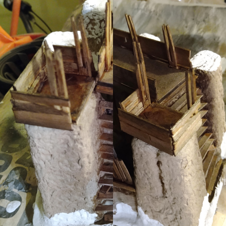 I wanted to add something to this end of the walkway with an offcut of MDF. I figure it would be a way for holders of the bridge to rain down death on people ascending the stairs.