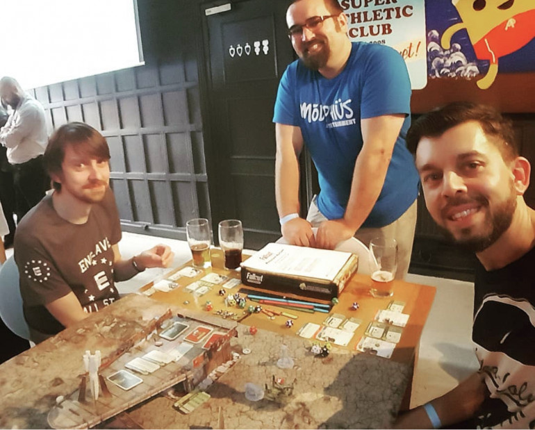 Here's me and my bro enjoying a demo game and a beer at Modiphius/Bethesda launch party in August 2018