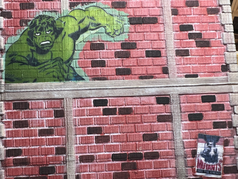 I treated the bricks similarly to that of the Police Station (se previous post) but added a transparent printed painting of the hulk, using NEATO Clear Sticker Paper - Vinyl Full Sheet Label - Weatherproof - for Inkjet and Laser Printers 