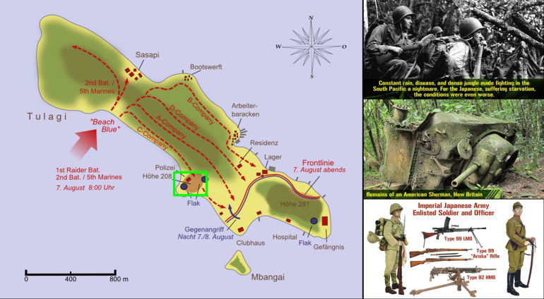 Tulagi in detail. The scaled game map is shown in bright green. The panel at lower left shows Imperial Japanese Army ... we'll be featuring SNLF Marines of the Imperial NAVY, but the equipment is very similar.