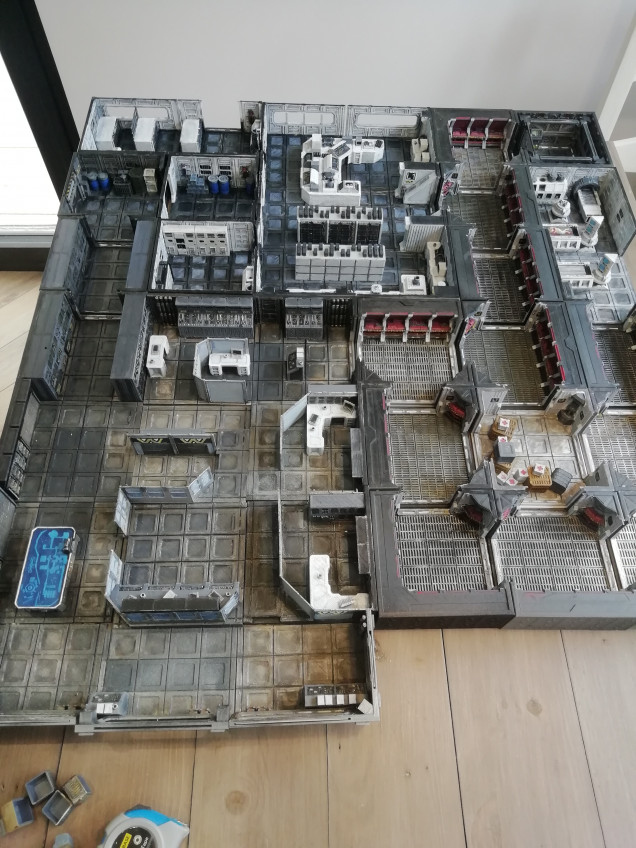 The second scenario is adapted from the quarantine 37 book  using the rules for bugs to introduce some xenomorphs. The two sides scramble to steal loot and get out a doorway. The rules say don't use corridor tables like this as it creates choke points. We spaced things out as best we could and med lab and operations are fairly big spaces 