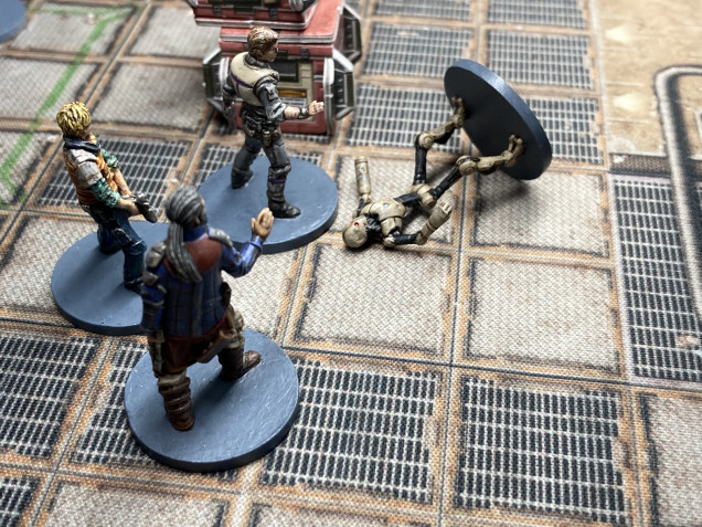 The drones are tough, and it takes several members of the crew to take just one down. Treva continues on to the vent, while the Tirguarde collapses from the fumes.