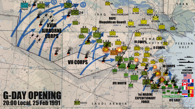 Overall situation.  Our game takes place between 1st UK Armoured and Iraqi 52nd Division.