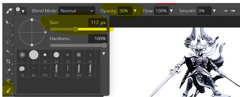 Press B or select the brush tool change the opacity to 30% and change your brush size to something you feel comfortable with (remember it's not a colouring competition it's to give you an idea of what the colours will look like at the end.)   