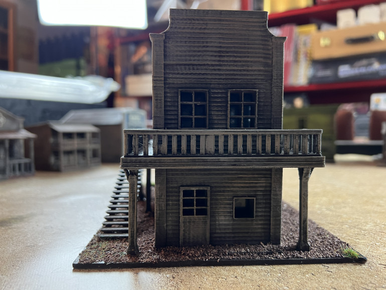 I close this phase of DT printing with another 2 story building, this one quite interesting and a ;little harder to put together. I added an mdf board for support due to the existence of support columns.