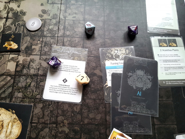 Here's the cards and the dice for the final role.  I needed to do 3 wounds, and I hit for 4.  The final hit was even a natural crit.  That guys going down!