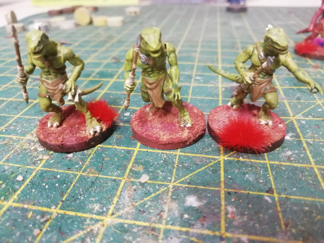 Three lizard men to be used as primitives on the random encounter chart
