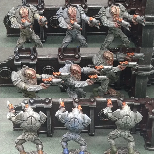 I wasn't trying for a non metallic metal look and didn't want to go for a standard leadbelcher approach. To make them more interesting I gave them an off white dry brush and used a different shade with each model of the three to tint it.