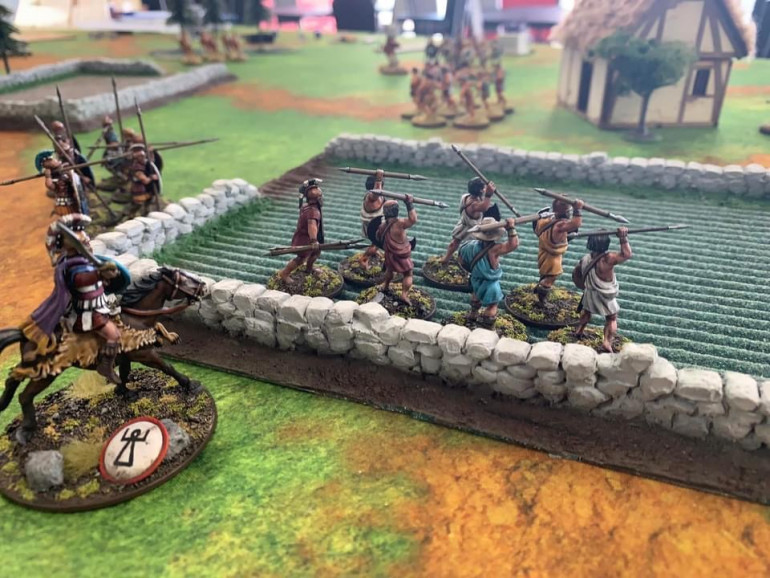 The Greeks advance through the farmers field seeing an opportunity to pelt the advancing Pezhetairoi with javelins. Three hits!