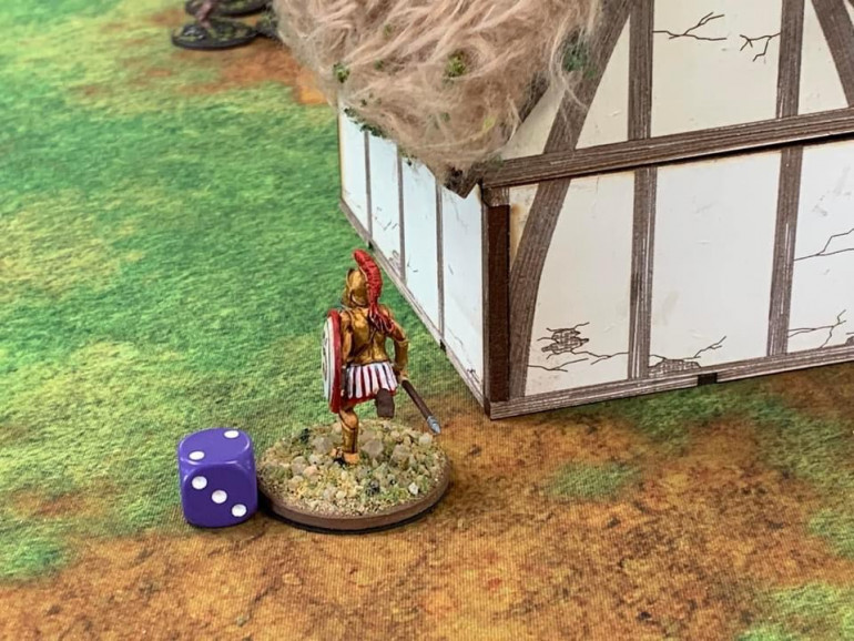The Greek Peltasts advance. Eeyoricles is alone having watched the men under his command melt away. He dashed toward the slingers in an attempt to shore up the flank.