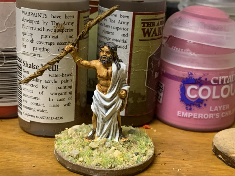 TimToo!  I had this guy and figured I might as well paint him up too. He’s the priest of Zeus from the Mythic Gods range by Footsore. He came with that lovely altar that Tim used in the first game. 