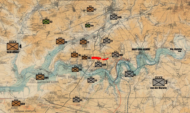 Overall situation at the start of Battle of Amiens, 8 August 1918 - focusing on the 18th (London) Division (36th Brigade, specifically) sector against Imperial German 43rd Reserve Division (XI Corps, 2nd Army).  This is where our game today takes place.