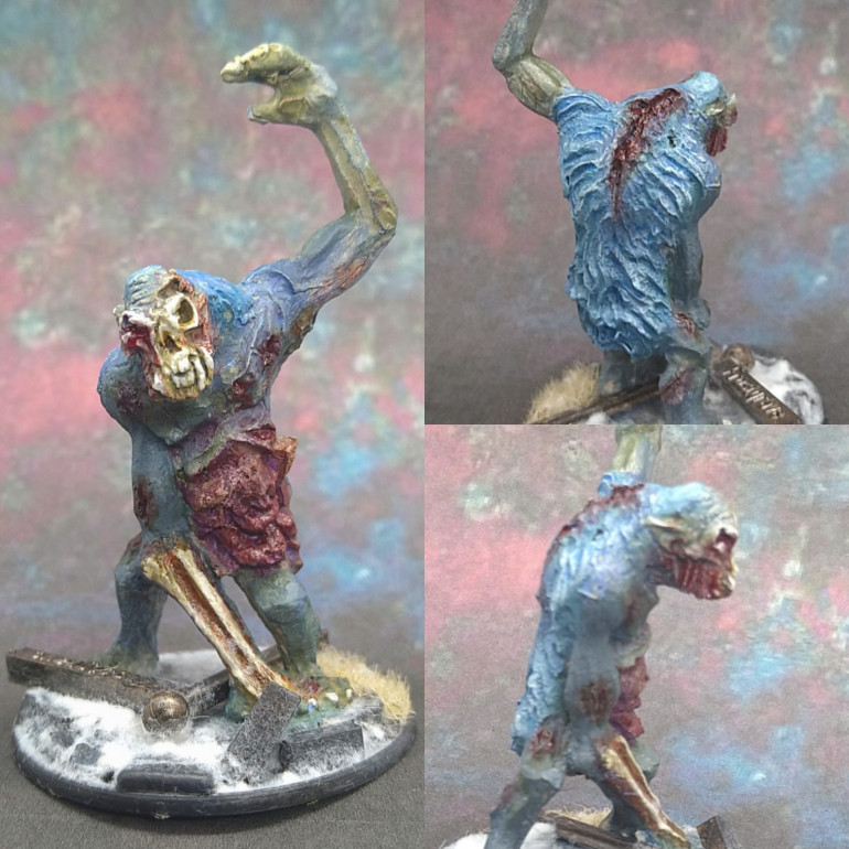 I tried to paint this once and It came out poorly. I had a second go at it and made changes to the basing and I am happy with the result. Asking people to suspend disbelief to believe in trolls? Ok. Now snow trolls right? I guess so. Now a snow troll died and he's back as a zombie? Hold the phone... 