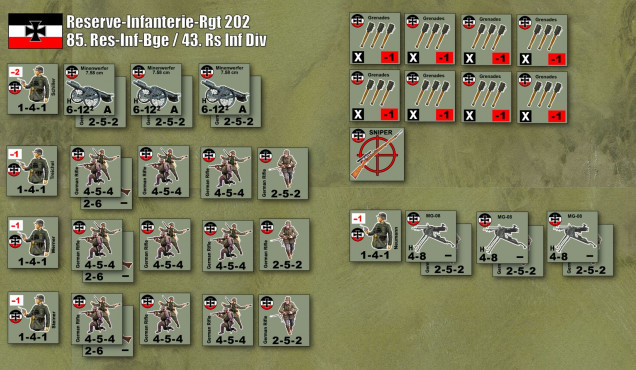 German forces of 202. Reserve Infantry Rgt / 43. Reserve Infantry Division.  Partial forces only.  Not only were all German units tragically understrength by this point of the war, but we're not recreating the whole defensive front of an Imperial German infantry regiment.