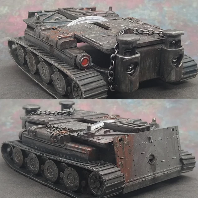 More sci-fi terrain. Vehicle made from Tamiya 1/35 scale WW2 sprue parts, 1/72 scale German tank tracks, a plastic bracket of unknown origin for the chassis and other bits and bobs. 