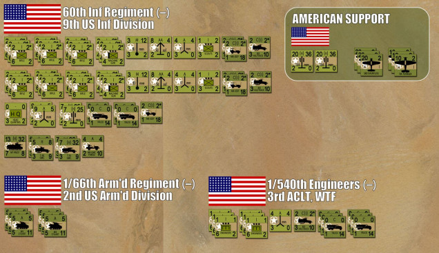 American forces.  Yes, they CLEARLY have an edge in numbers, but a very low cohesion rating.  This was America's first land engagement against the western Axis, and wow were there a lot of wrinkles to be ironed out.  Yes, those are US Navy planes in the support box, and those off-board artillery batteries are actually the 6