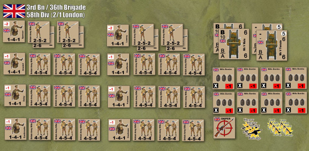 British forces for today's game.  Note the battalion has been reduced to two companies (each infantry counter is a squad).  We're assuming heavy losses and disorganization has already taken place in the advance across no-man's land.  Also, I'm not 100% sure tanks were engaged in THIS SECTOR of the Amiens offensive (500 were used on the opening day, but I believe MOST of these were in the Canadian and Australian Corps sectors further south).  But we're including a few of them here for demo purposes. 