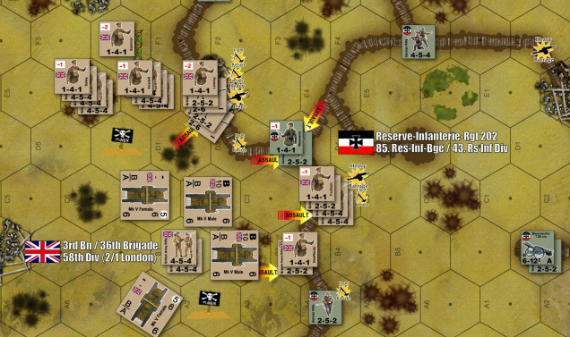 Part of the Turn one attack.  Many counters are already missing, having been remove in British artillery, German opportunity and defensive fire phases, British assaults, and finally the German Turn 1.  Tanks crushed holes in the barbed wire, which allowed infantry platoons to storm through and start the first assaults into the forward German firing trench.  German reseves have counterattacked.  Much of the battle is now IN the German trench system.