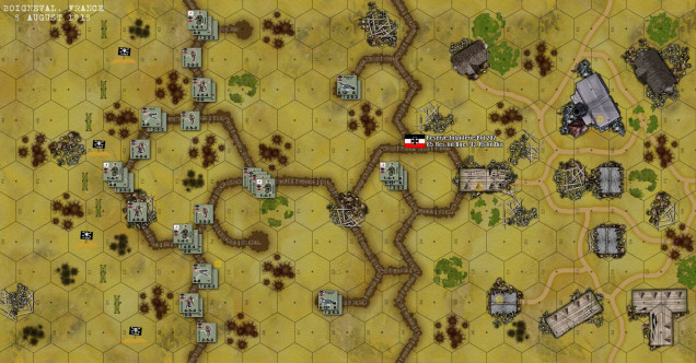 The map and initial set up.  Note only the German trenches are depicted.  Never have both trench lines on the table, and try to simulate the whole advance across no-man's land.  Just balance your game with the attackers just coming on the table, and assume they have taking some losses in the process.  Also, note the German trench line is not a LINE, but a BAND of interconnected firing trenches, support trenches, reserve trenches, and communications trenches connecting them all together.