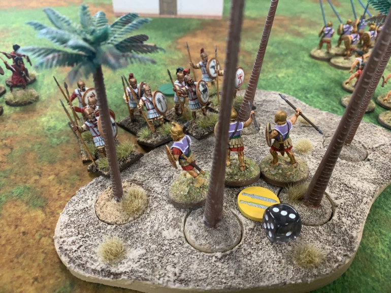 The Carthaginian heavy infantry return the favor and force back the Pezhetairoi in the center grove. 