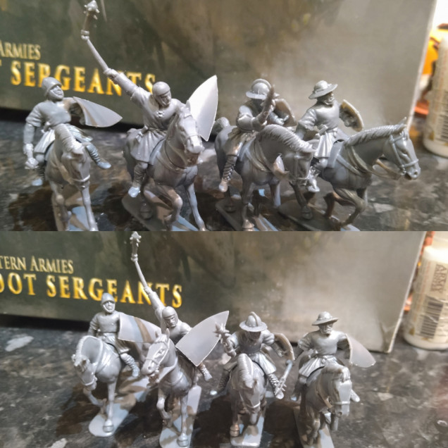 Making a start. Kitbashing fun. Conquest Games horses, Gripping Beast Dark Age Horseman bodies and maces and heads from FireForge Foot Sergeants and Conquest Games Knights.