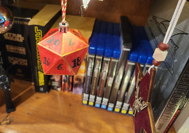 Red d20, Acrylic Paint (Black, Gold), Daughter