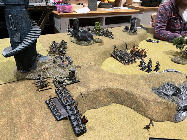 The left flank managed to hold up, piss off and annoy the enemy for the whole game. Even killed ourselves a chaos giant! Then the enemy got their act together, realised what was happening and punched through the soft squashy goblin annoyances. Uruk hai left flank collapsing. 