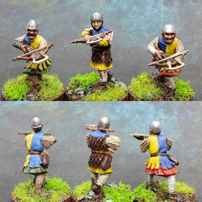 I should be finishing my first retinue. Instead I found an excuse to build and paint these fellas. De Percy crossbowmen from FireForge Games.