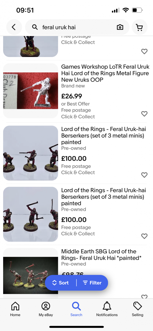 These are the only 3 models for the Uruk hai I don’t have, they are lovely metal models and will complete the berserker collection I have. But I am very unwilling to pay these absurd prices. How or why do these things get soooo pricey? What is a person meant to do in the face of such nonsense. What are the options for those in hard times? Simply going without springs to mind. Patience? Will prices drop eventually? Is there some other places to get these sort of things?