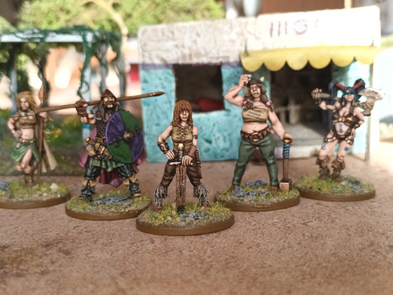 I think these models featured in my second post on this project over two years ago. All inspired by the fantastic Oliver Dickinson Griselda stories. In the centre is Griselda, to her left is Wolfhead and to her right is Hanufa, the armoured bikini axe girl represents a Stormbull Cult member and the other girl is a random unprepared adventuress.