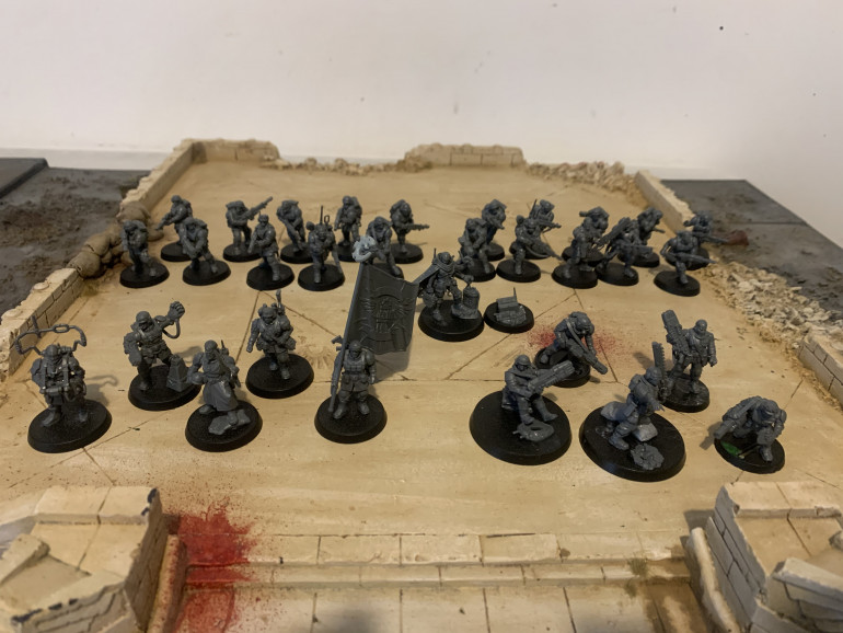 More troops for the ever expanding cult of the four armed emperor. Includes the Reductus Saboteur and the troops from the Cadia Stands box. I had 5 spare bodies left from converting the crew from the ordinance battery