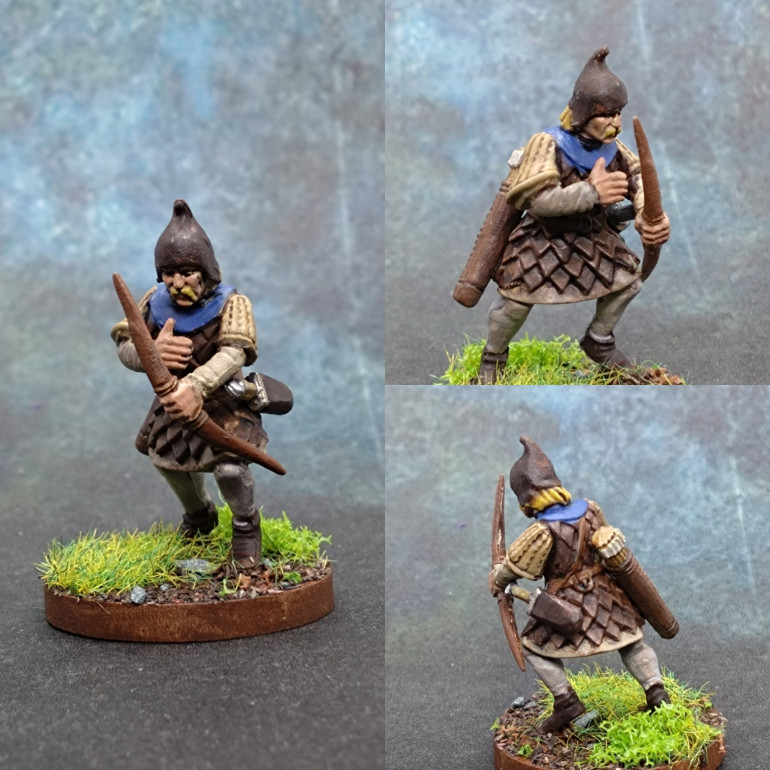 Kitbashed this one for variety. Conquest Games Medieval Archers bow hand, draw arm and head on a FireForge Games Foot Sergeants body and shoulders. Improvised knife and scabbard from a sword hilt and a bolt scabbard.