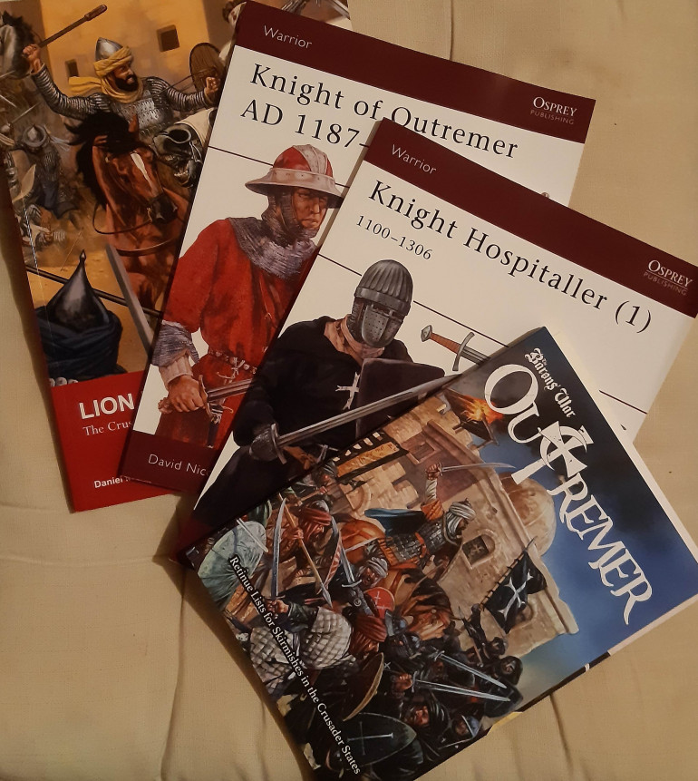Books for inspiration and reference. The first is naturally the Outremer rulebook itself, followed by a pair of Osprey Warrior titles. Last in the pile is the Lion Rampant Crusader States book; I fully expect the finished models will serve for both game systems.