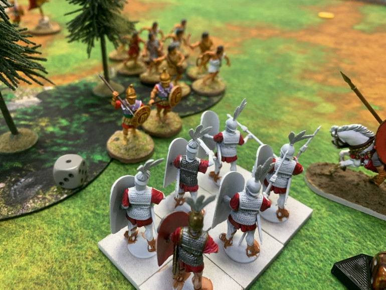 The Roman infantry and cavalry advance in tandem devastating the Pezhetairoi and causing some casualties to the slingers. 