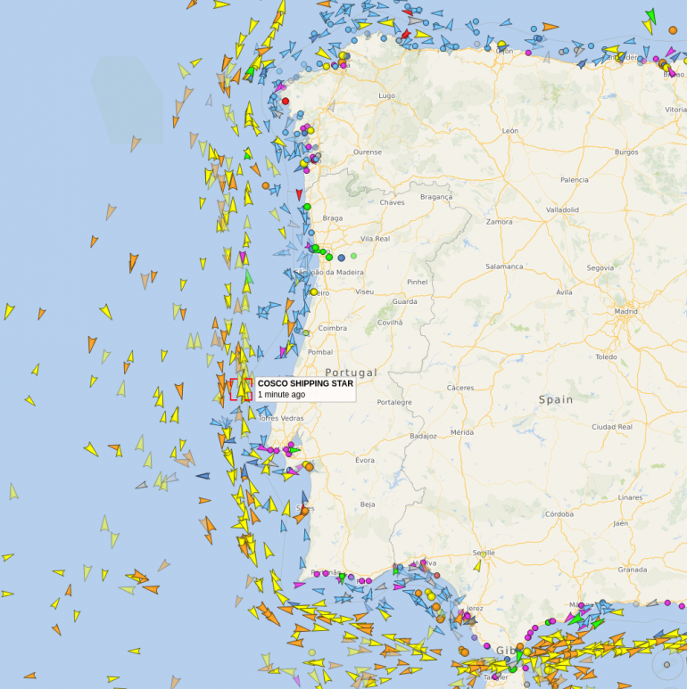 Currently cruising at a steady 16.7 knots round the coast of Portugal