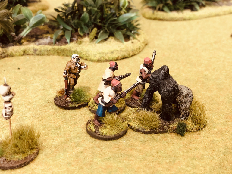 In their attempt to escape the angry swarm, our Askaris burst into a clearing and straight into the path on Kong.  The huge ape makes short work of the first few soft humans it gets its hands on.  The rest flee back into the jungle.