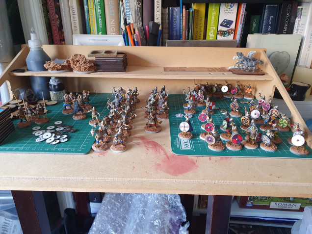 Batch 3 of 3 - Still to be done, 72 Huscarls, 8 Riders, Camp and Warlord. Then all need to be flocked. This all needs to be done by Thursday afternoon fly out to Luton for Roll Call on Saturday and Sunday