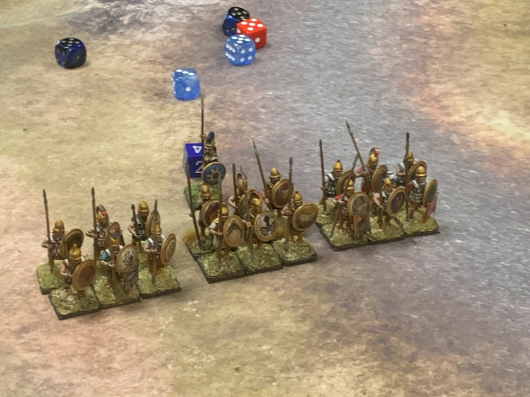 To the right of the missile troops, three units of Hoplites. 