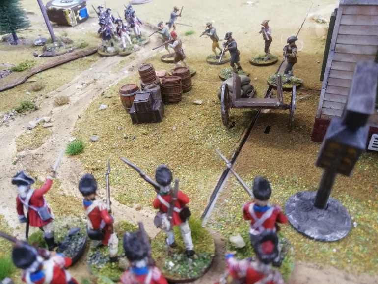 The grenadiers march into town into an ambush and take casualties forcing them to take cover behind a fence. Realising their best strength is in melee they rush the continental troops forcing them back. The two opposing officers fight a duel with the crown wining. 