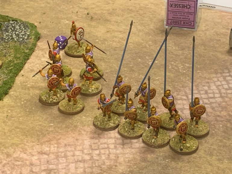 The final two units to the right of the woods. A unit of Pezhetairoi with javelins and a unit of Pezhetairoi with pikes. In the background is Eeyoricles. 