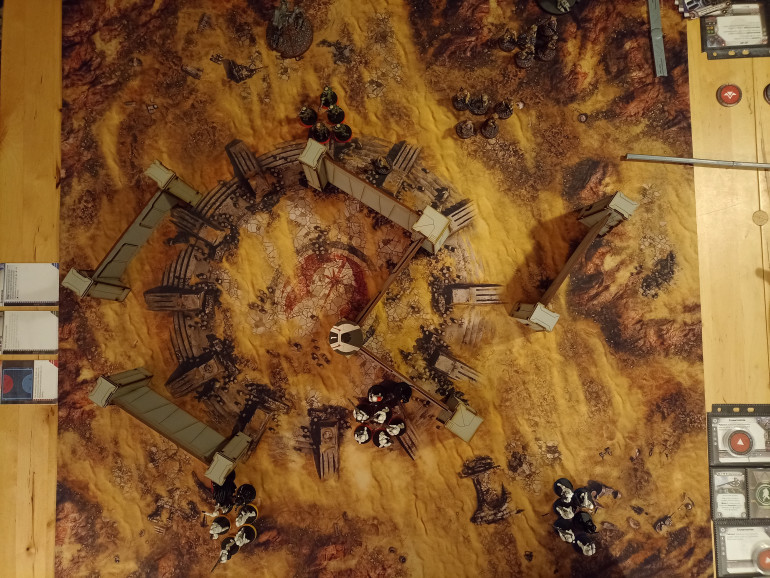 Turn 1: All my troops take a step to left. And his go south.