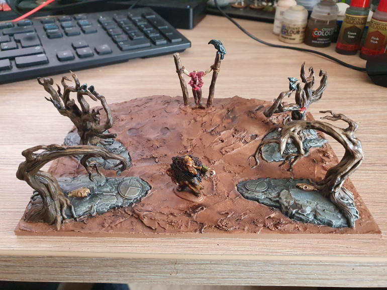 Drybrush and wash on the camp prior to flocking, more flocking :|