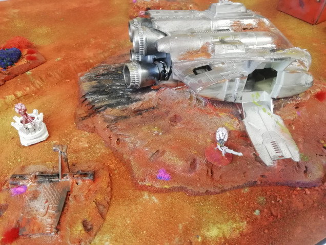 For the crashed shop scenario in stargrave. I was thinking of using the b wing for star wars legion but with the wings off it no longer looks star wars. So my Martians have had an accident 