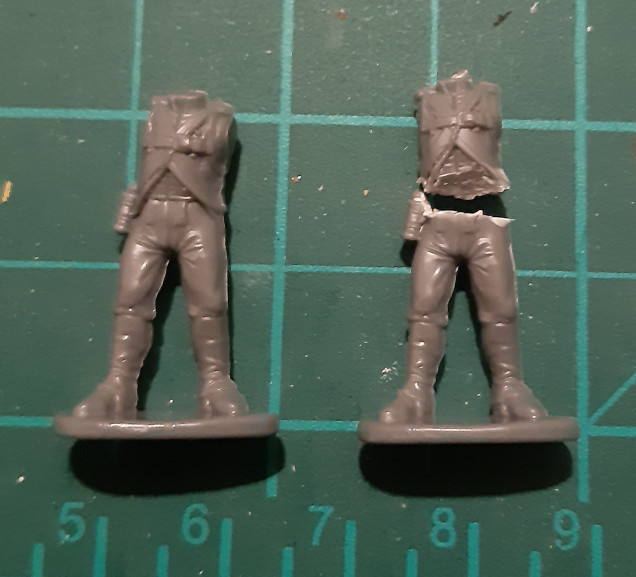 First step was snipping the legs from the torsos of the Bavarians. I made a quick check to see how the 3D printed torsos matched up, just in case they aligned in an unexpected way, but fortunately there were no surprises. 