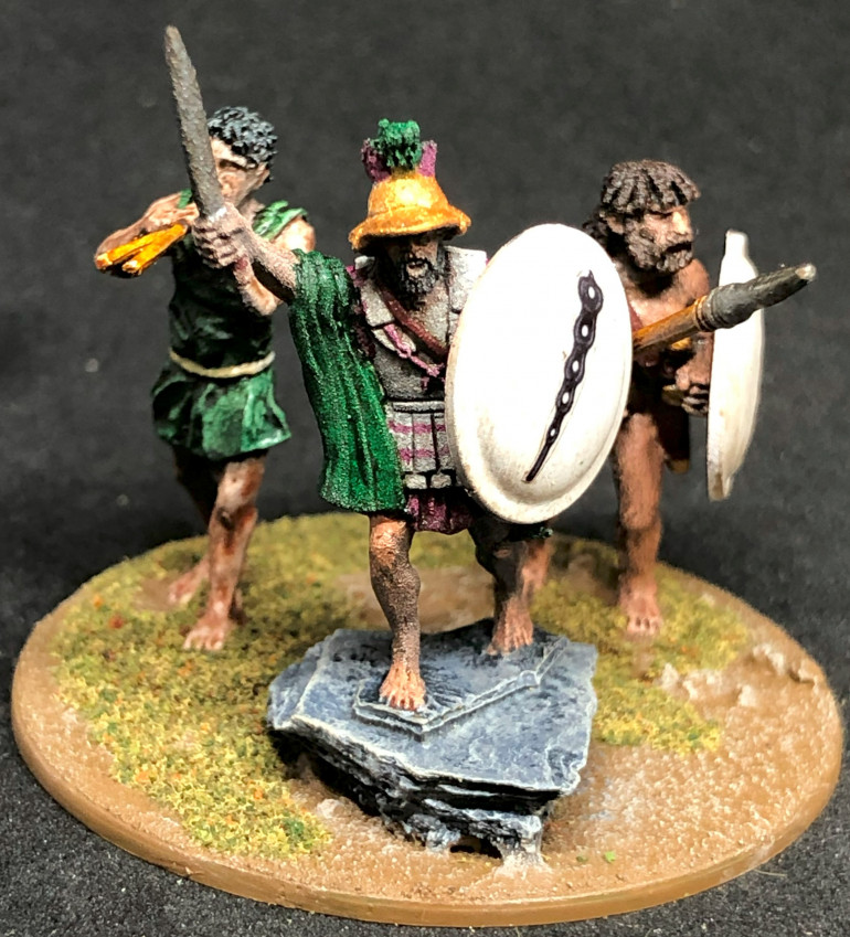 Warlord Epaminondas with bodyguard and flute player 2 Footsore minis with a Foundry bodyguard.